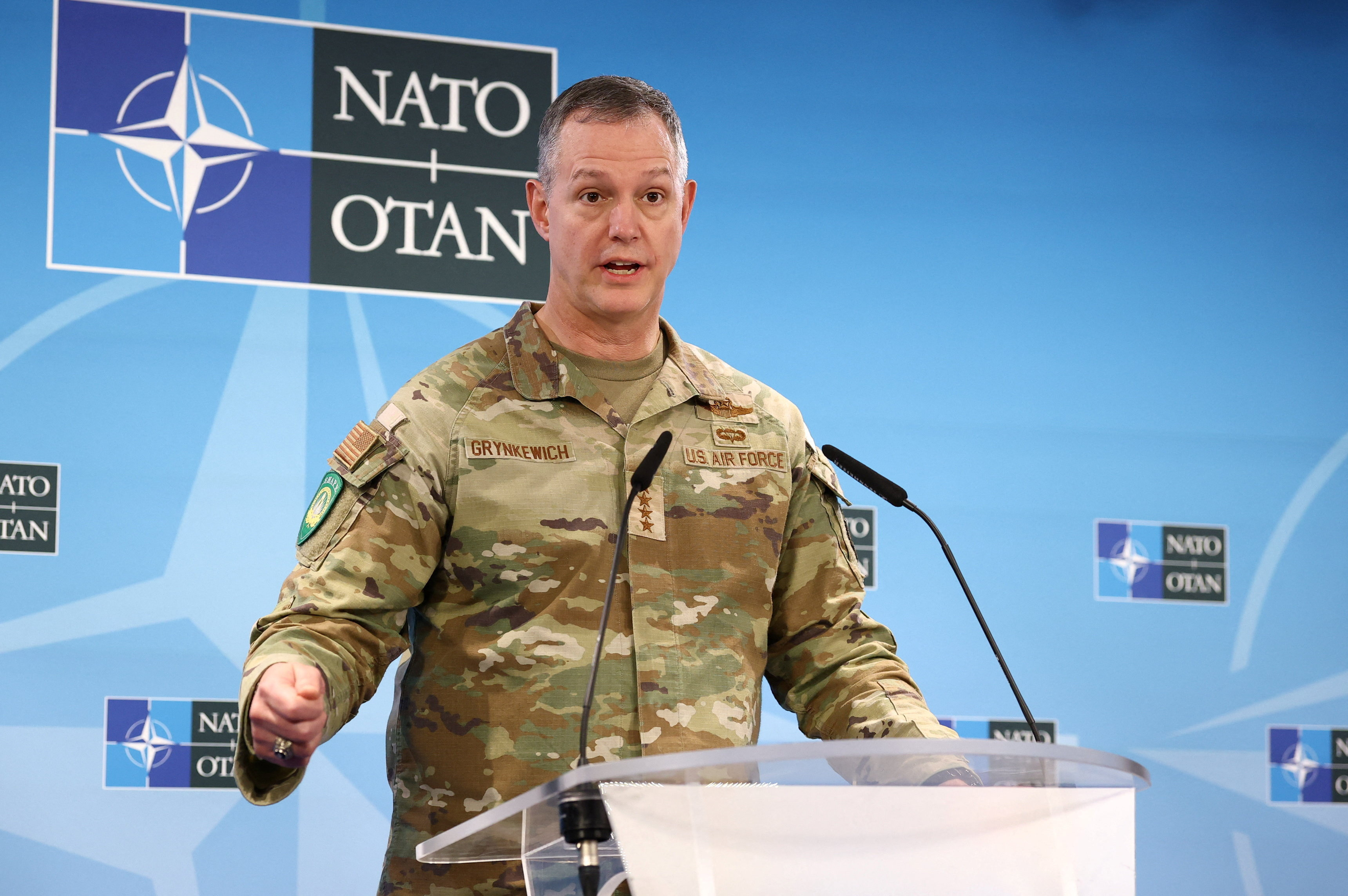 NATO Supreme Allied Commander Europe (SACEUR) General Alexus Grynkewich holds a press conference at the SHAPE, in Casteau