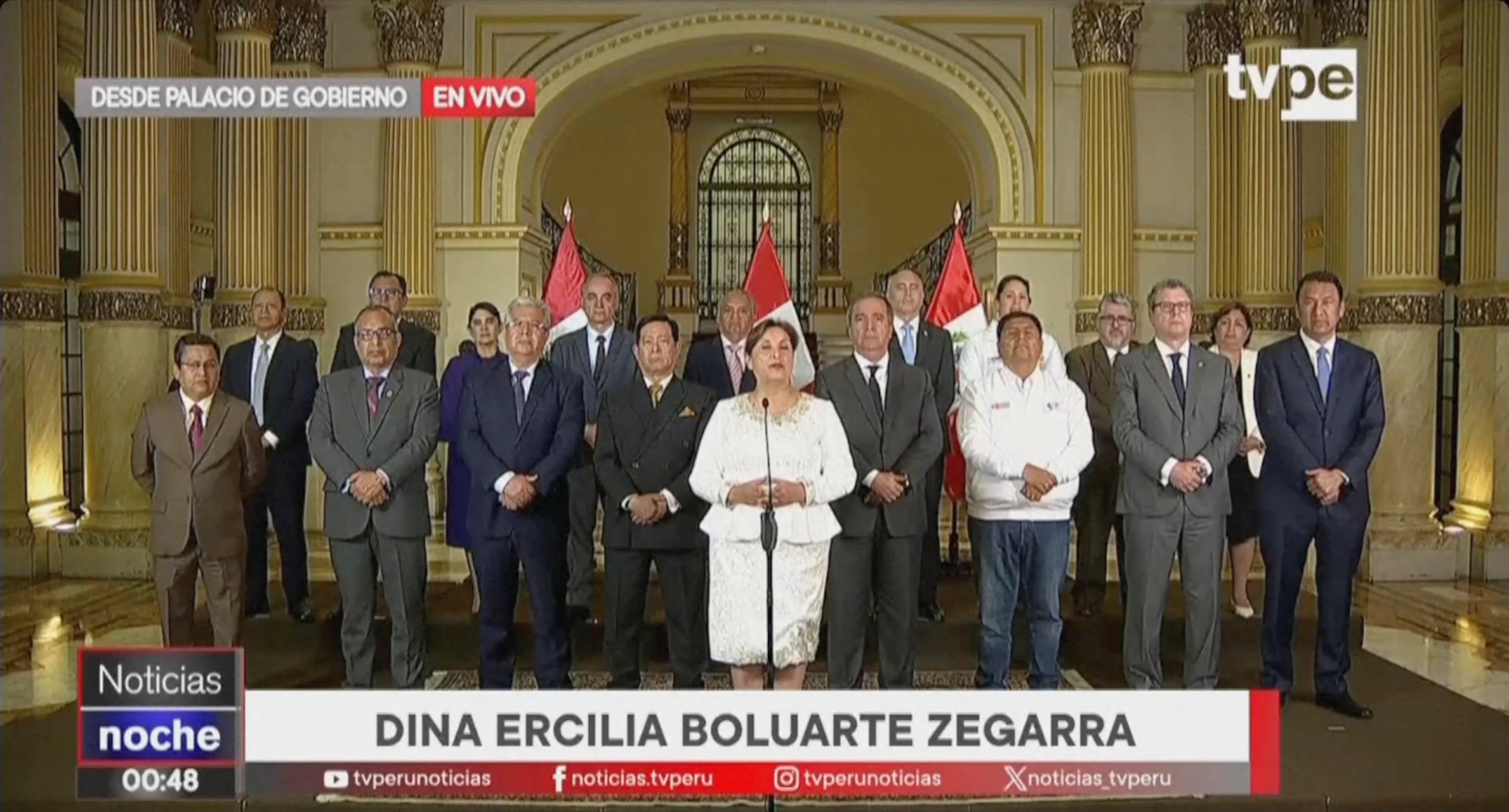 Dina Boluarte speaks during an address to the nation after Peru's Congress voted unanimously on Friday to remove her as president, in Lima
