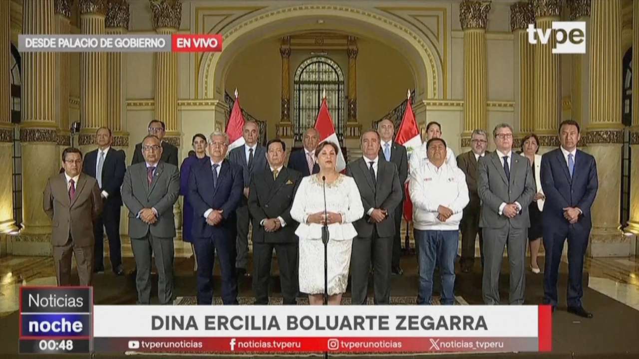 Dina Boluarte speaks during an address to the nation after Peru's Congress voted unanimously on Friday to remove her as president, in Lima