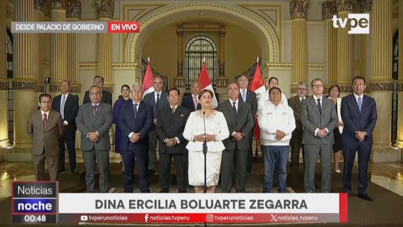 Dina Boluarte speaks during an address to the nation after Peru's Congress voted unanimously on Friday to remove her as president, in Lima