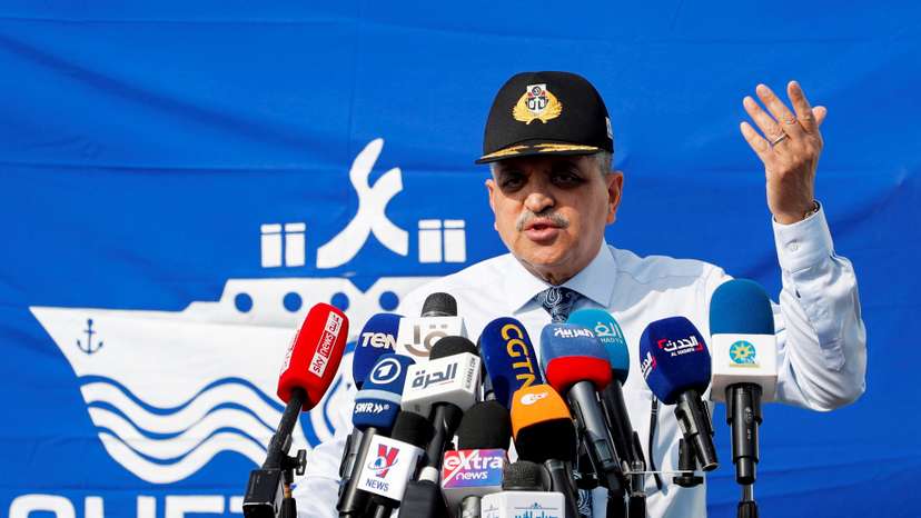 Osama Rabie, Chairman of the Suez Canal Authority, speaks during a news conference, in Suez