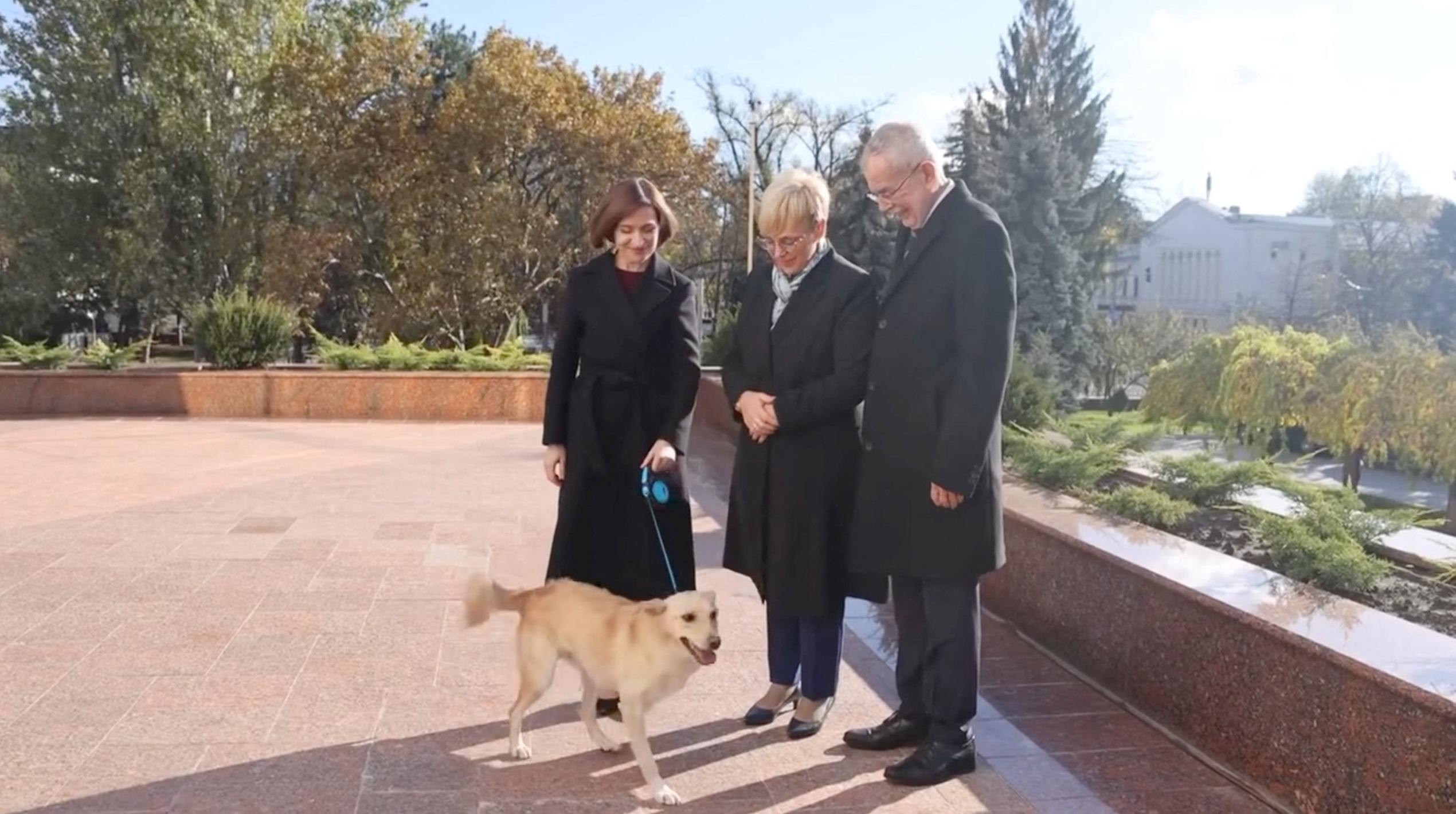 Moldova's President Sandu and her dog greet Austria's President Van der Bellen and Slovenia's President Pirc Musar in Chisinau