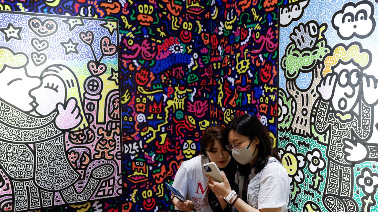 Artworks by Mr Doodle are displayed at Art Basel in Hong Kong