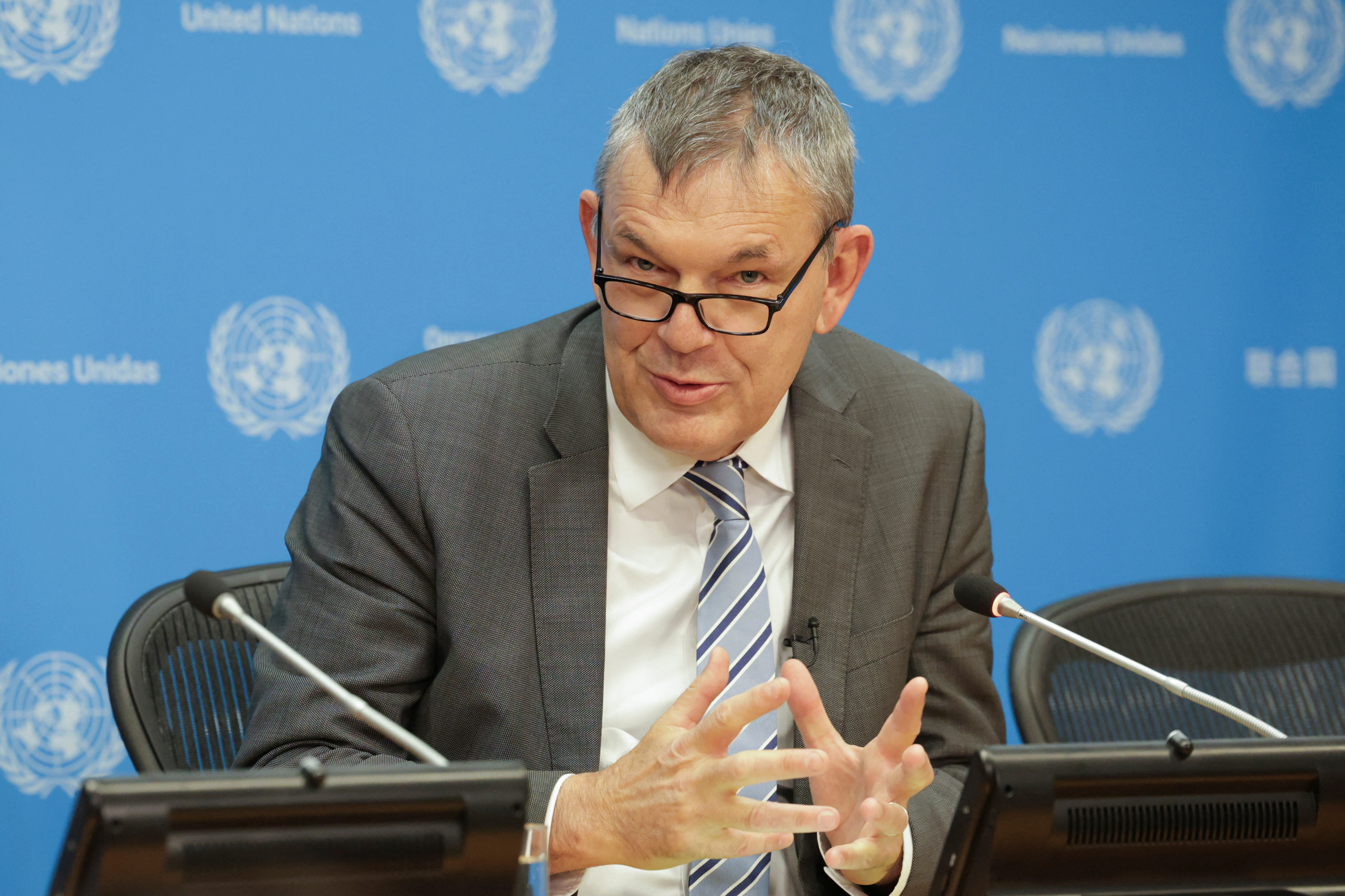 Philippe Lazzarini, the Commissioner General of the United Nations Relief and Works Agency for Palestine Refugees in the Near East (UNRWA) holds a briefing at U.N. headquarters in New York