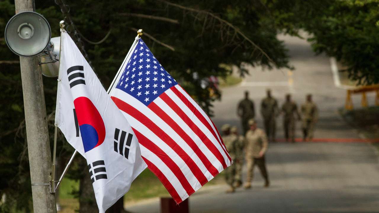 FILE PHOTO: American and South Korean flags at Yongin South Korea