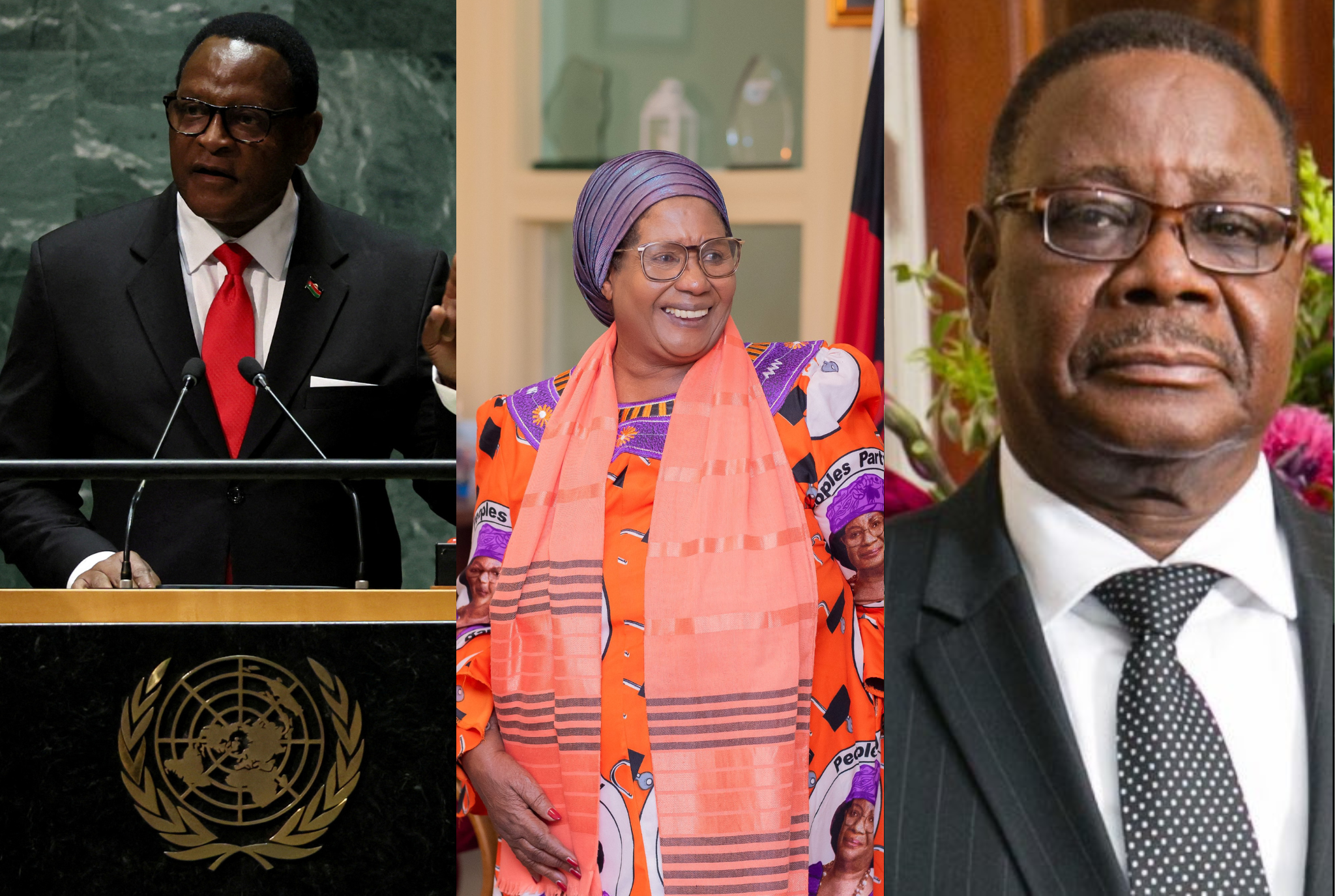 President Lazarus Chakwera (L), Joyce Banda, former president (M) and Peter Mutharika, former president (R).