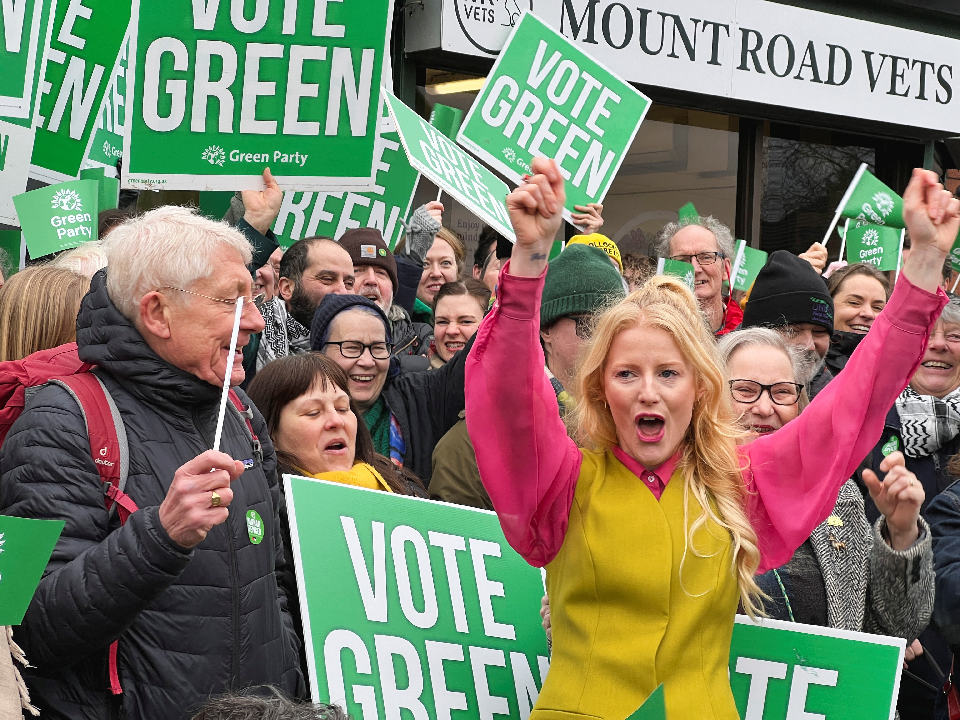 Hannah Spencer, Green Party's candidate for the Gorton and Denton by-election in Manchester, joins supporters for a campaign, in Manchester