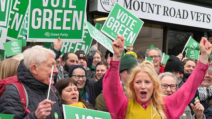 Hannah Spencer, Green Party's candidate for the Gorton and Denton by-election in Manchester, joins supporters for a campaign, in Manchester