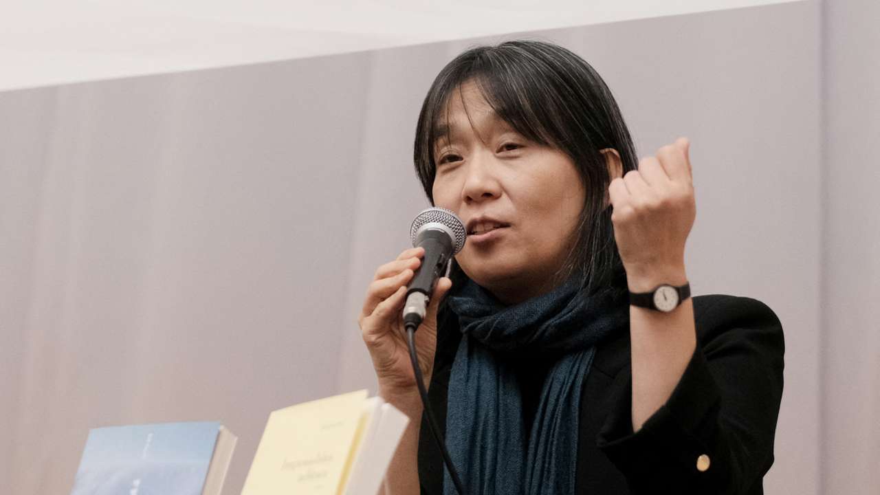 South Korean author Han Kang, the winner of the 2024 Nobel Prize in Literature, attends a press conference, in Seoul