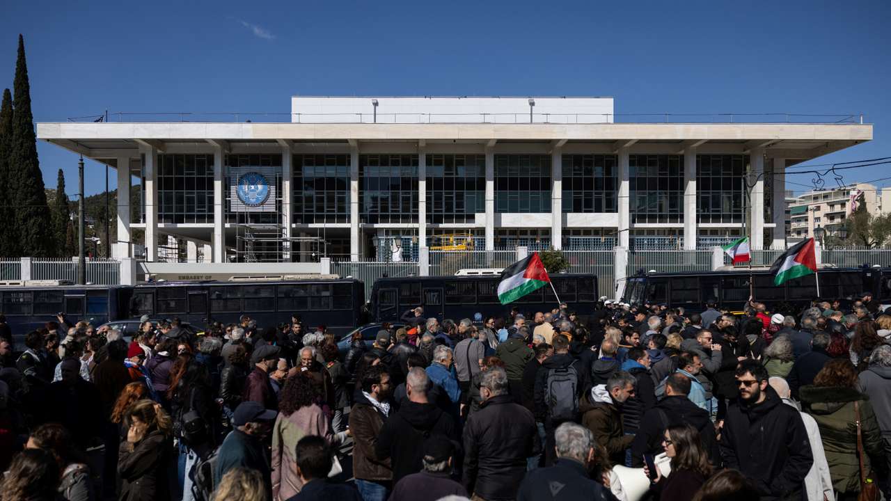 Anti-war protesters march on US and Israeli embassies in Athens after strikes on Iran