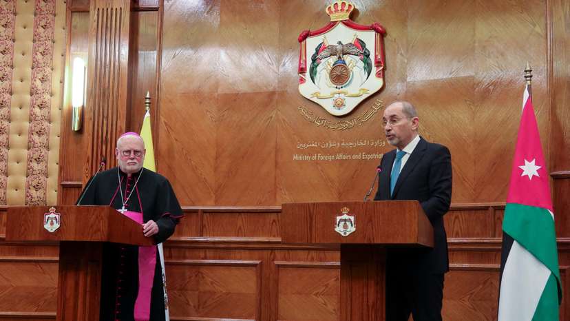Jordan's Foreign Minister Ayman Safadi speaks during a joint press conference with Archbishop Paul Richard Gallagher, in Amman