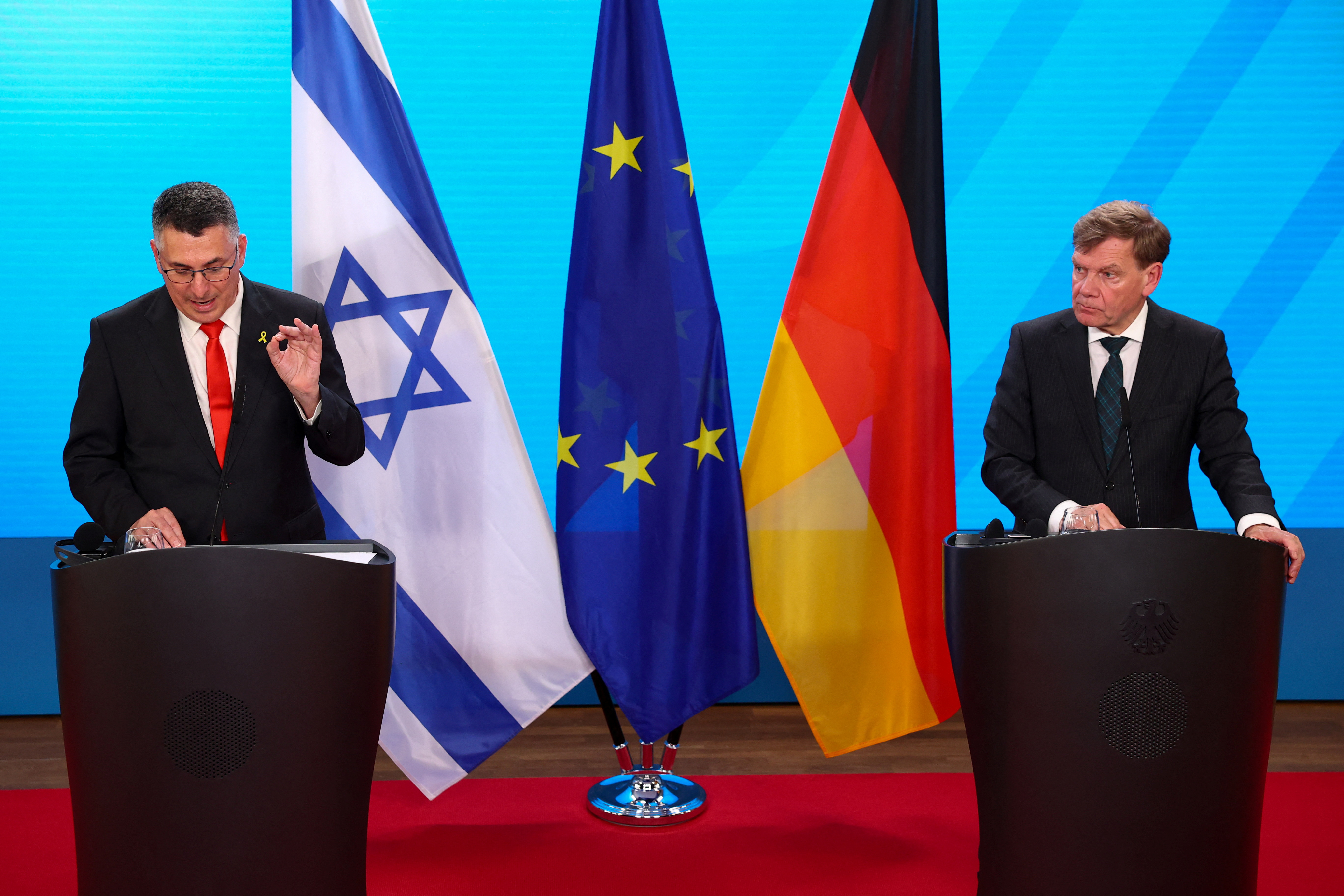 German Foreign Minister Johann Wadephul and Israeli Foreign Minister Gideon Saar attend a press conference in Berlin