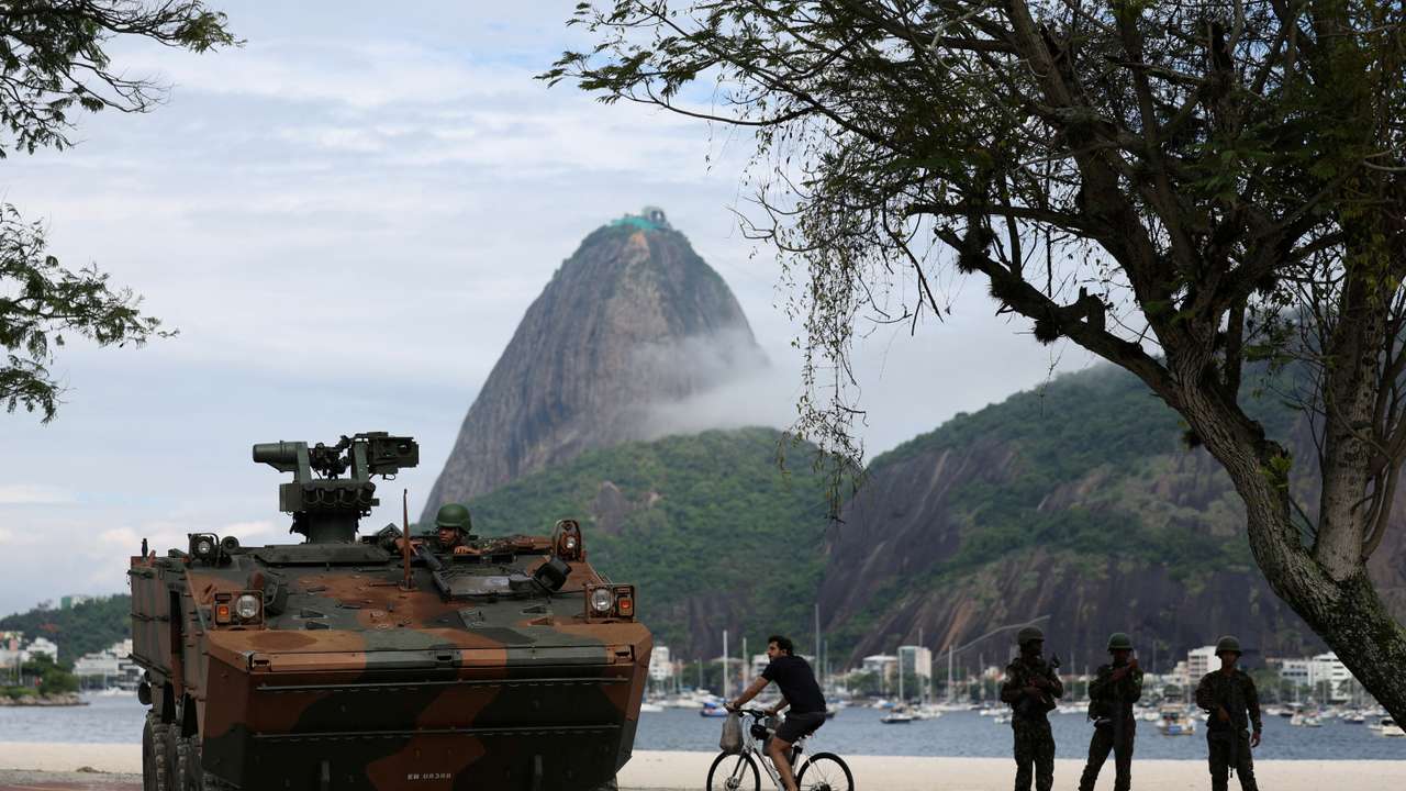 Members of the military stand guard ahead of the G20 summit in Rio de Janeiro