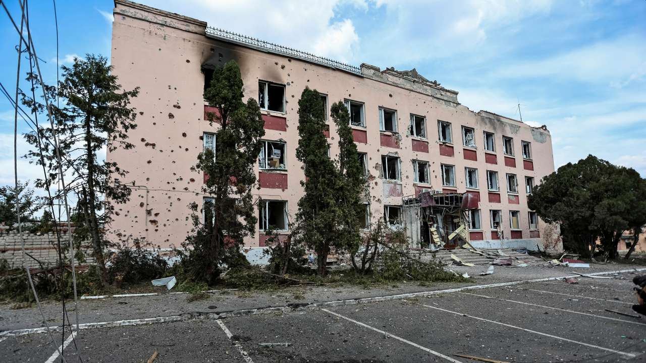 FILE PHOTO: A view shows a building damaged during recent fighting between Ukrainian and Russian forces in the town of Sudzha
