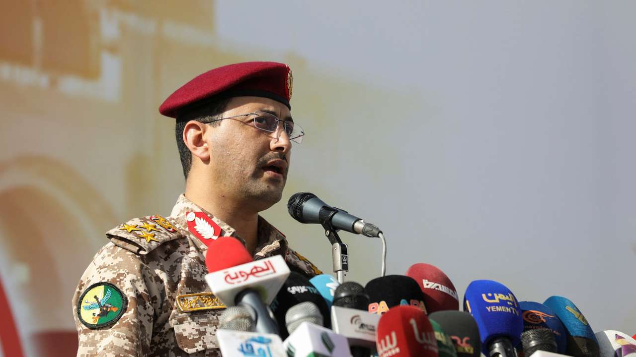 Houthi military spokesman, Yahya Sarea, delivers a statement during a pro-Palestinian rally in Sanaa