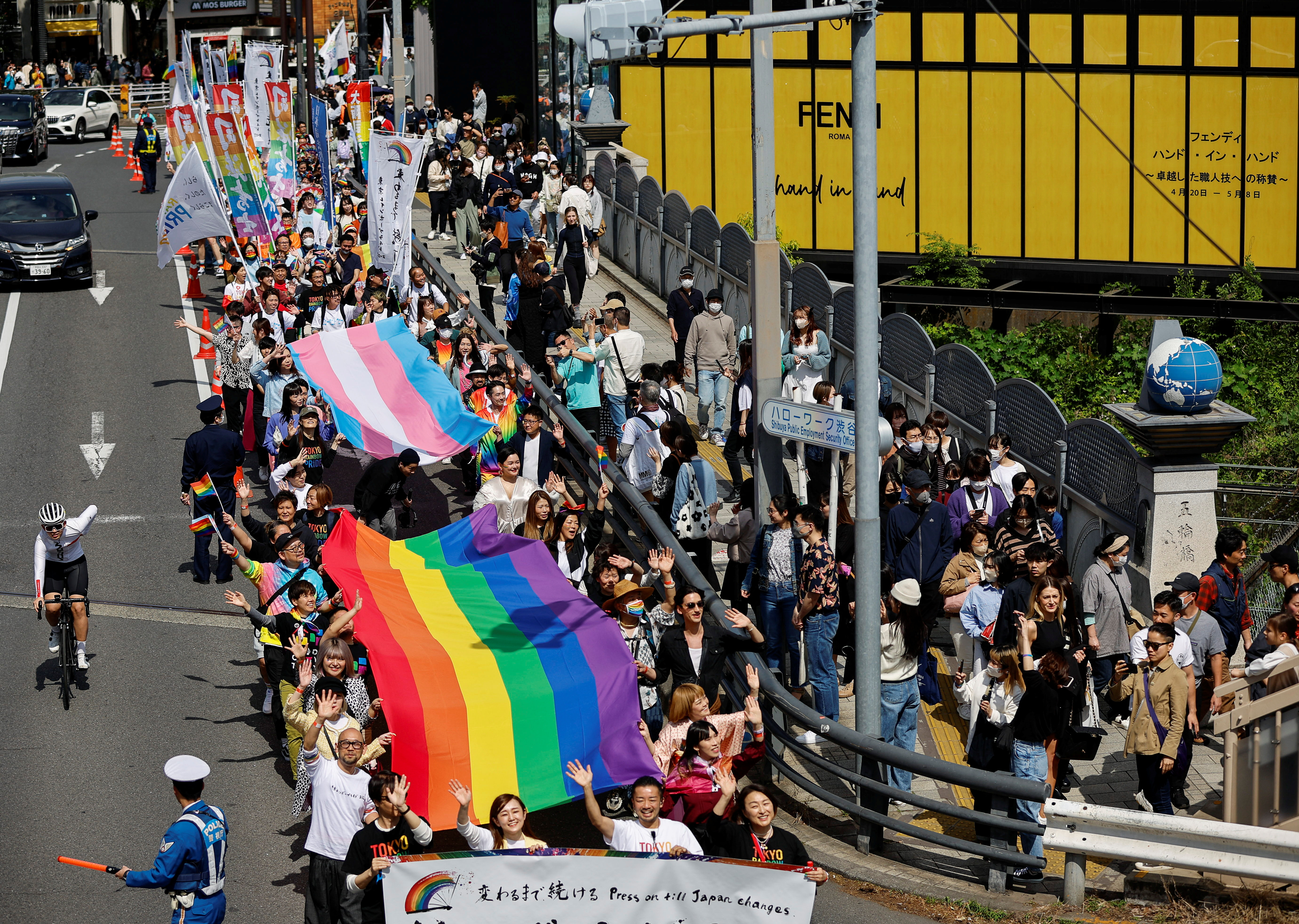 Participants march during the Tokyo Rainbow Pride parade, celebrating advances in LGBTQ rights and calling for marriage equality, in Tokyo