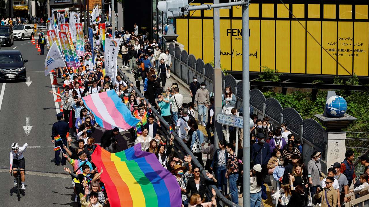 Participants march during the Tokyo Rainbow Pride parade, celebrating advances in LGBTQ rights and calling for marriage equality, in Tokyo