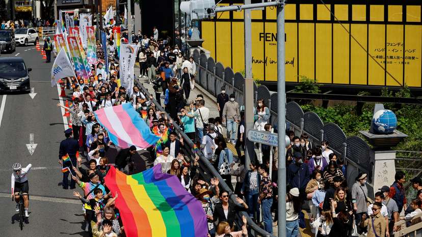 Participants march during the Tokyo Rainbow Pride parade, celebrating advances in LGBTQ rights and calling for marriage equality, in Tokyo