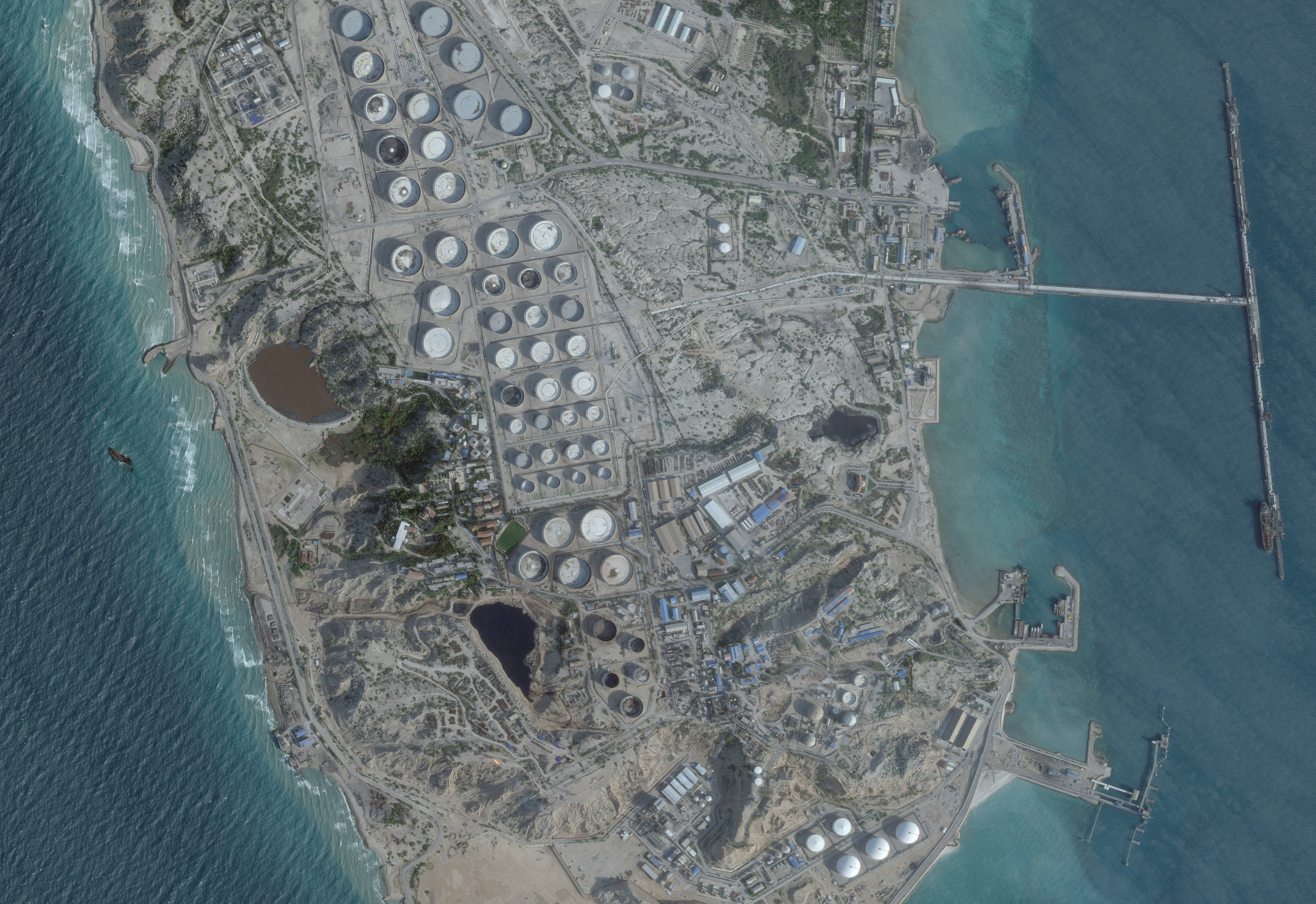 A satellite image shows an oil terminal, in Kharg Island