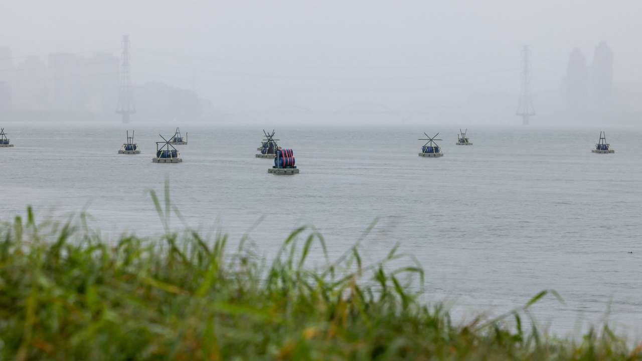 Explosive barrels placed by Taiwan military at the Tamsui River as part of a series of emergency combat readiness drills in Taipei