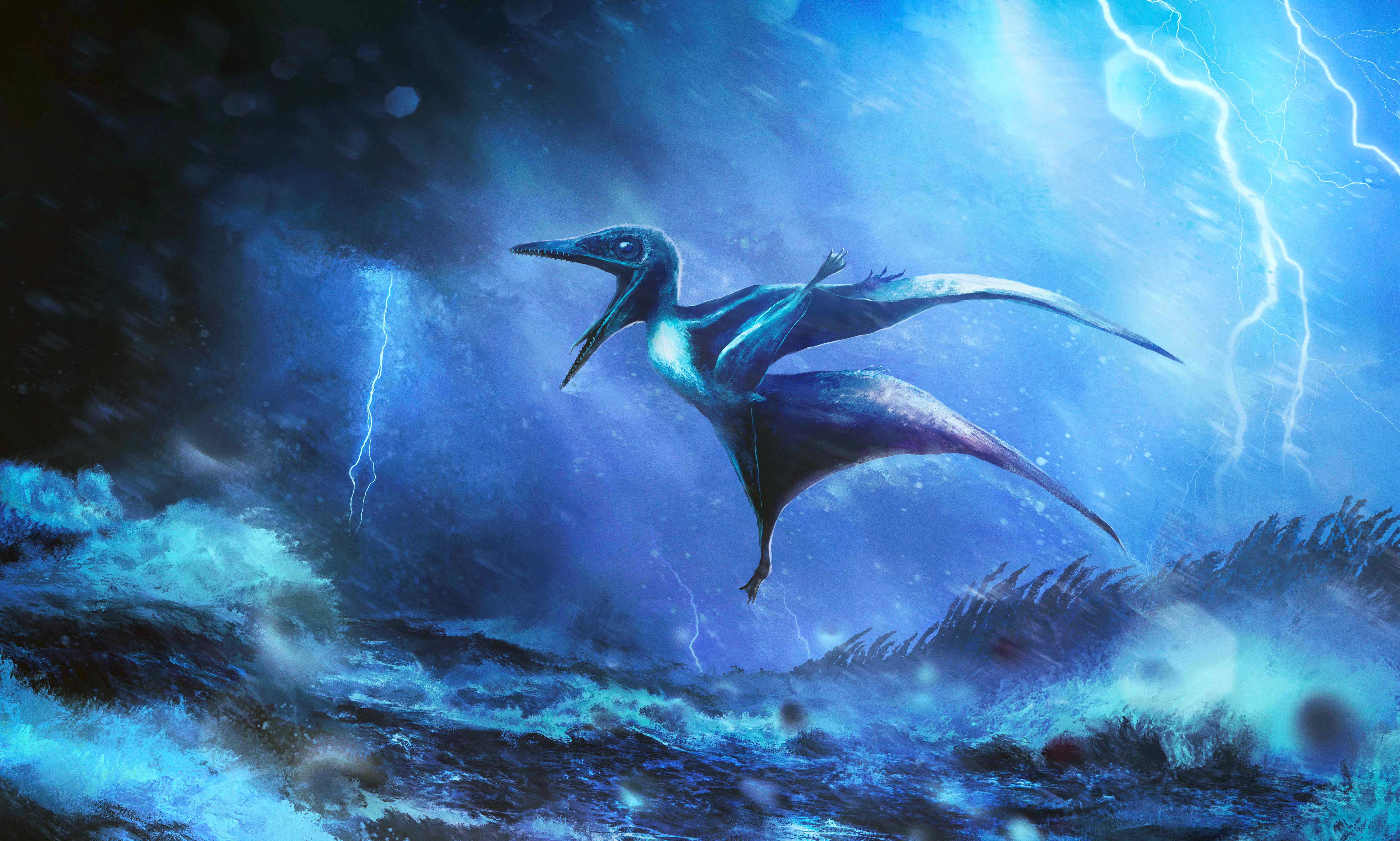 An artist’s impression of a tiny Pterodactylus hatchling struggling against a raging tropical storm about 150 million years ago