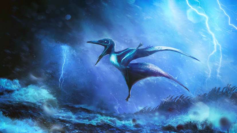 An artist’s impression of a tiny Pterodactylus hatchling struggling against a raging tropical storm about 150 million years ago