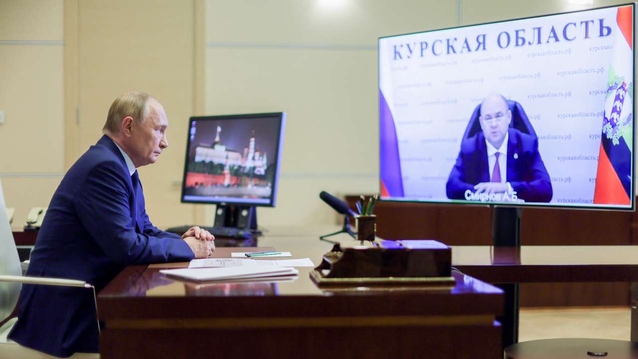 Russia's President Putin meets with Acting Governor of the Kursk region Smirnov via video link outside Moscow