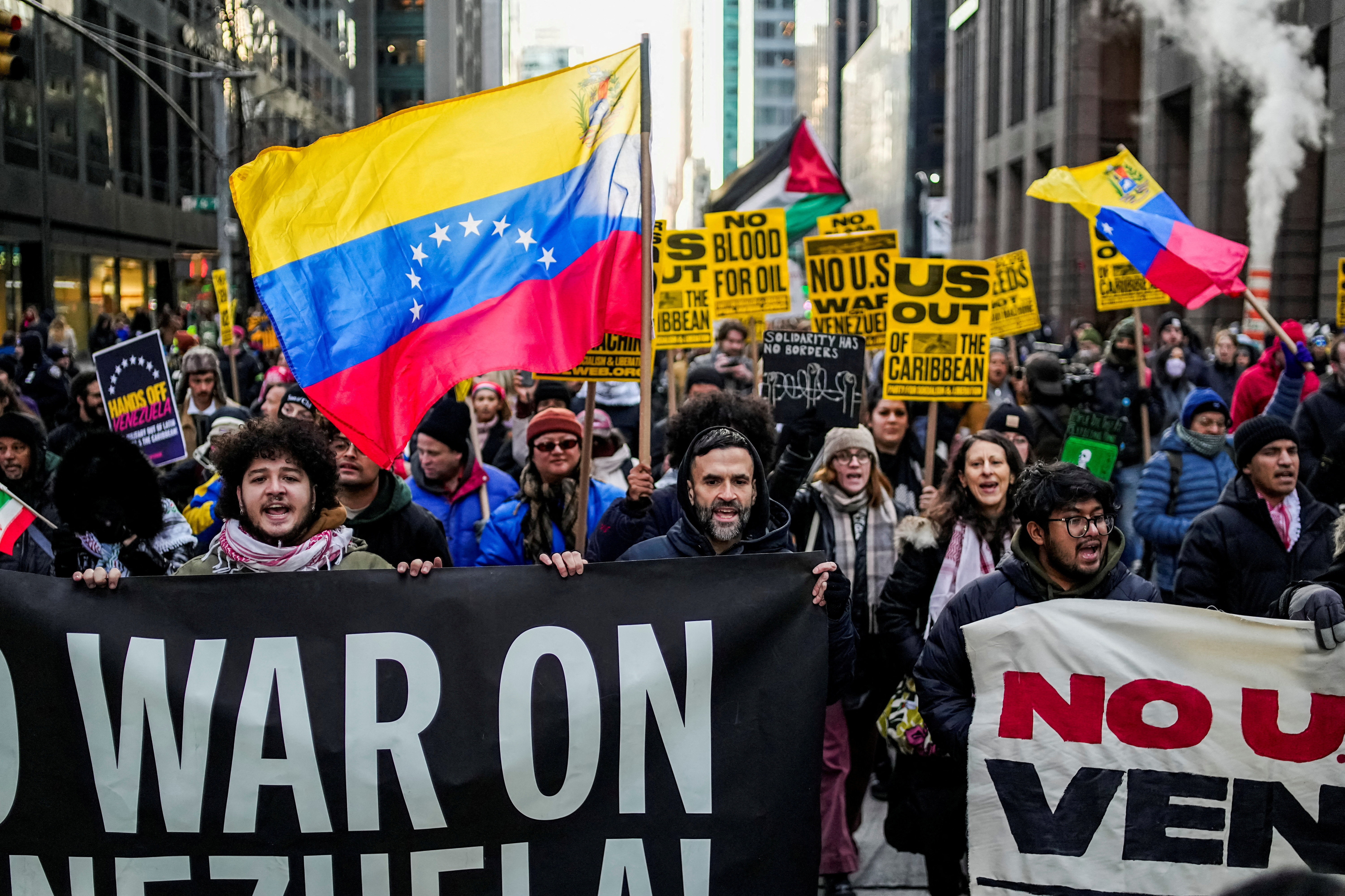 FILE PHOTO: Protestors gather for a National Day of Action 'No War on Venezuela', in New York