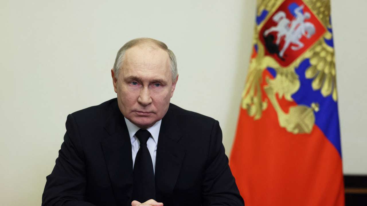 Russian President Vladimir Putin delivers a video address to the nation