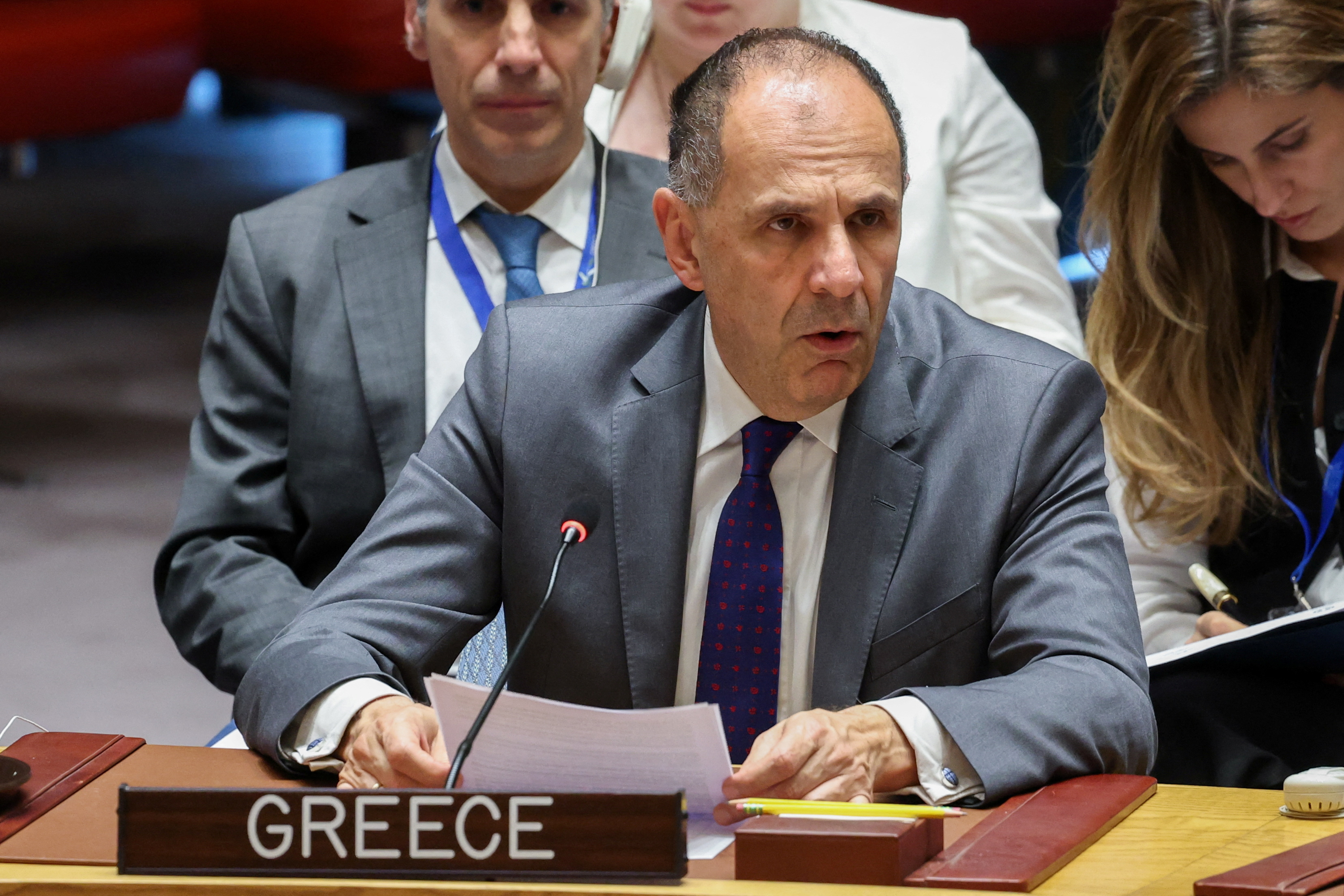 FILE PHOTO: Greece's Foreign Minister Giorgos Gerapetritis speaks during a meeting of the United Nations Security Council, at U.N. headquarters in New York City, U.S