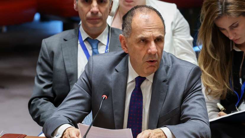FILE PHOTO: Greece's Foreign Minister Giorgos Gerapetritis speaks during a meeting of the United Nations Security Council, at U.N. headquarters in New York City, U.S