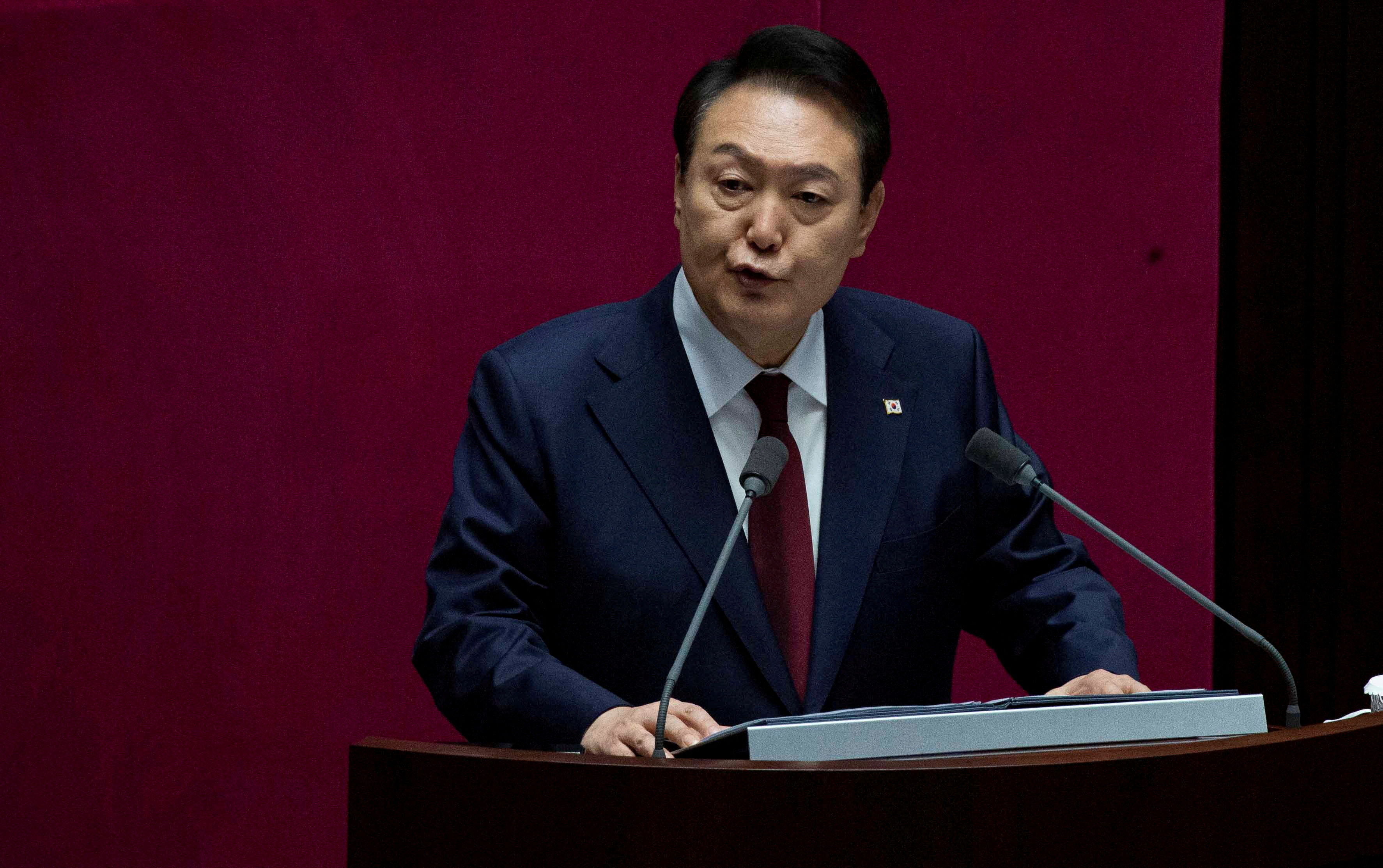 FILE PHOTO: South Korea's President Yoon Suk-yeol gives a budget speech at the National Assembly in Seoul