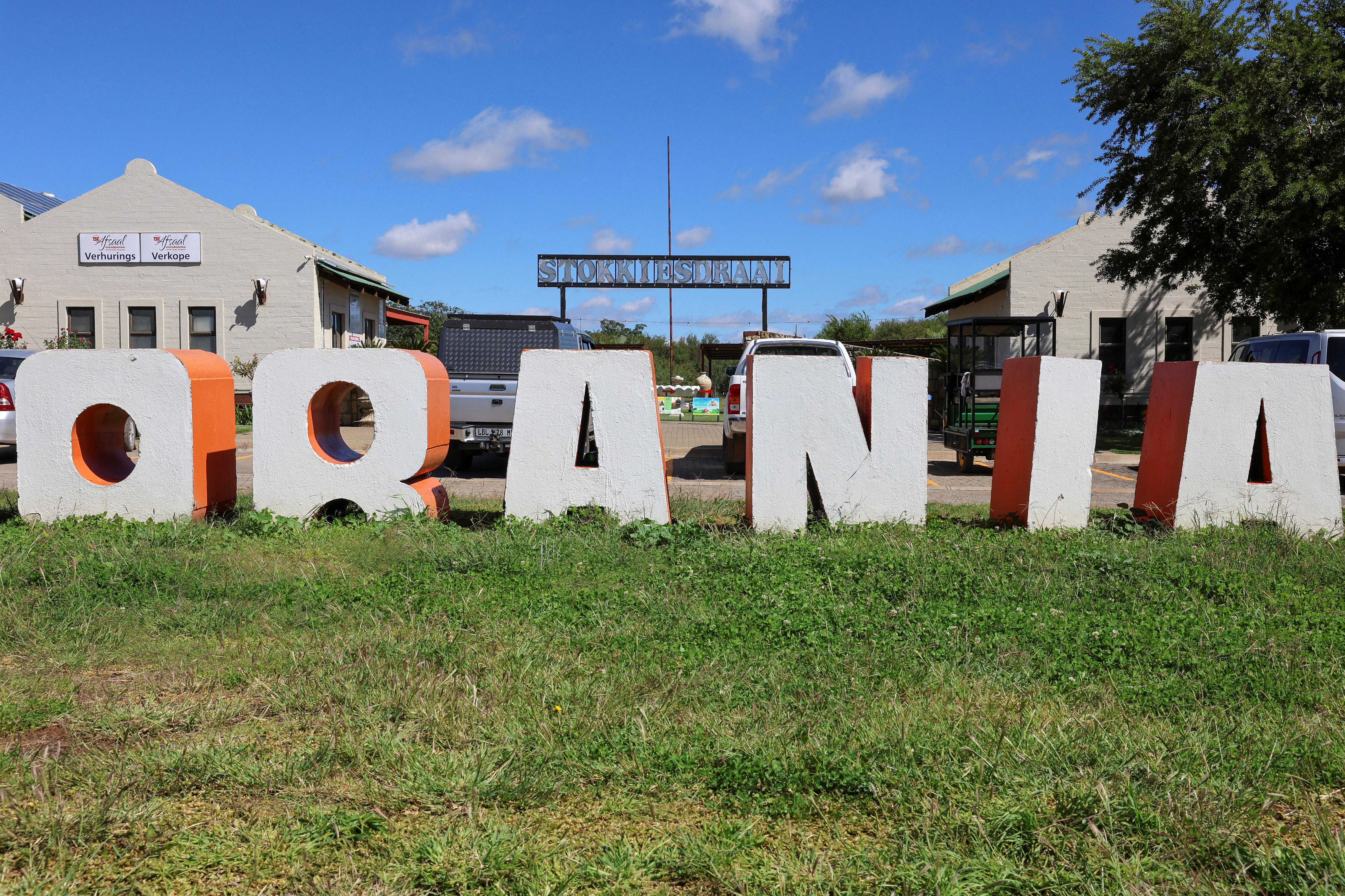 Orania town sign in front of local shopping centre is pictured in Orania