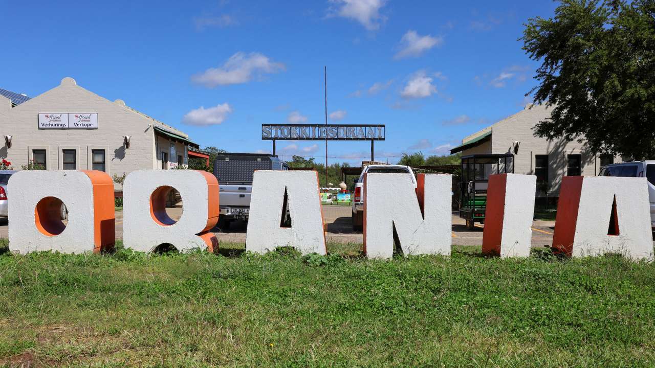 Orania town sign in front of local shopping centre is pictured in Orania