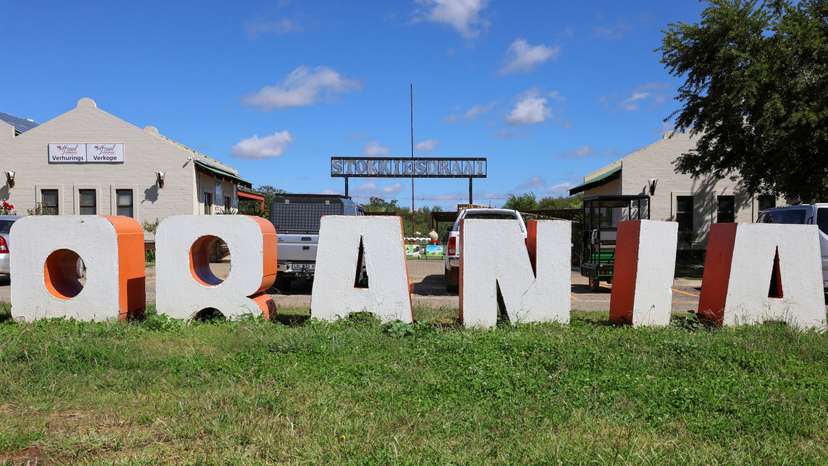 Orania town sign in front of local shopping centre is pictured in Orania