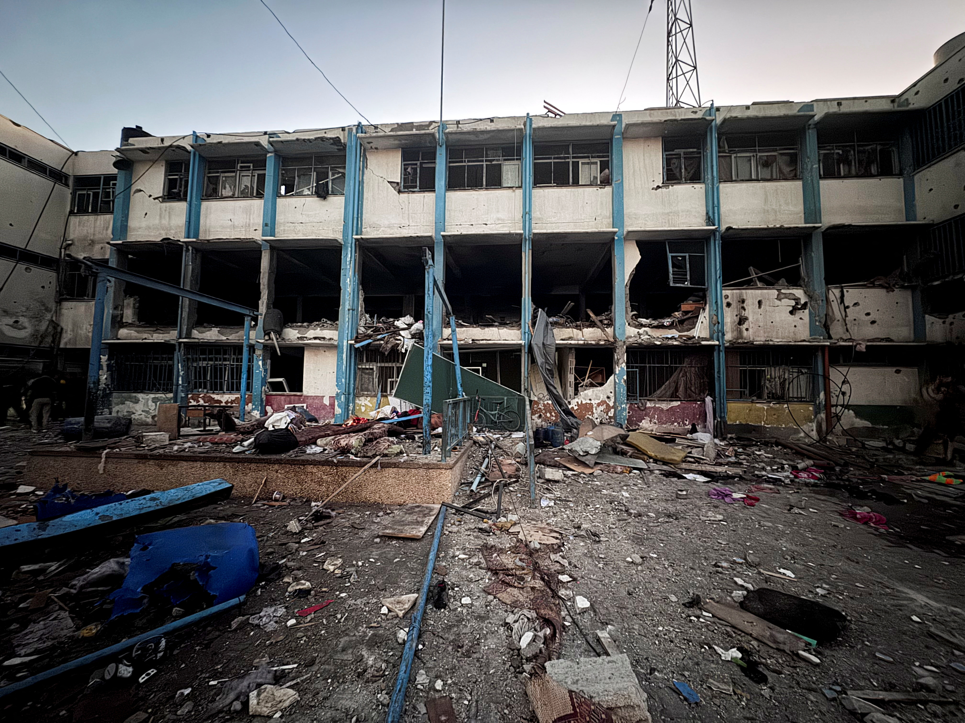 A view shows the damage at a school sheltering displaced people, after it was hit by an Israeli strike, at Beach camp in Gaza City
