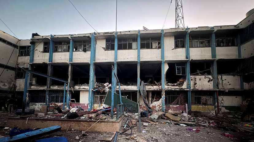 A view shows the damage at a school sheltering displaced people, after it was hit by an Israeli strike, at Beach camp in Gaza City