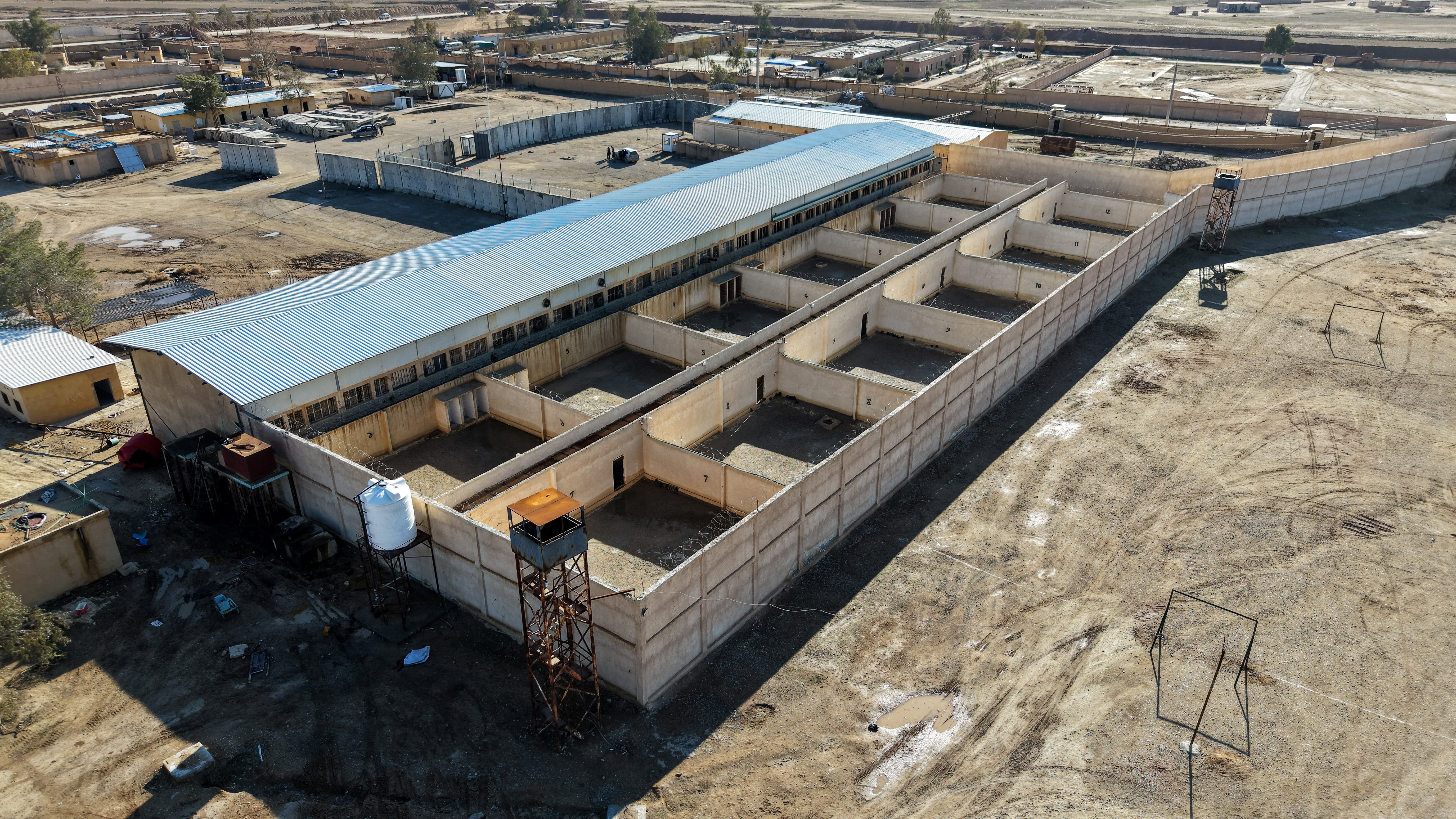 Drone view of al-Shaddadi prison after the withdrawal of the Syrian Democratic Forces and its takeover by the Syrian army, in al-Shaddadi