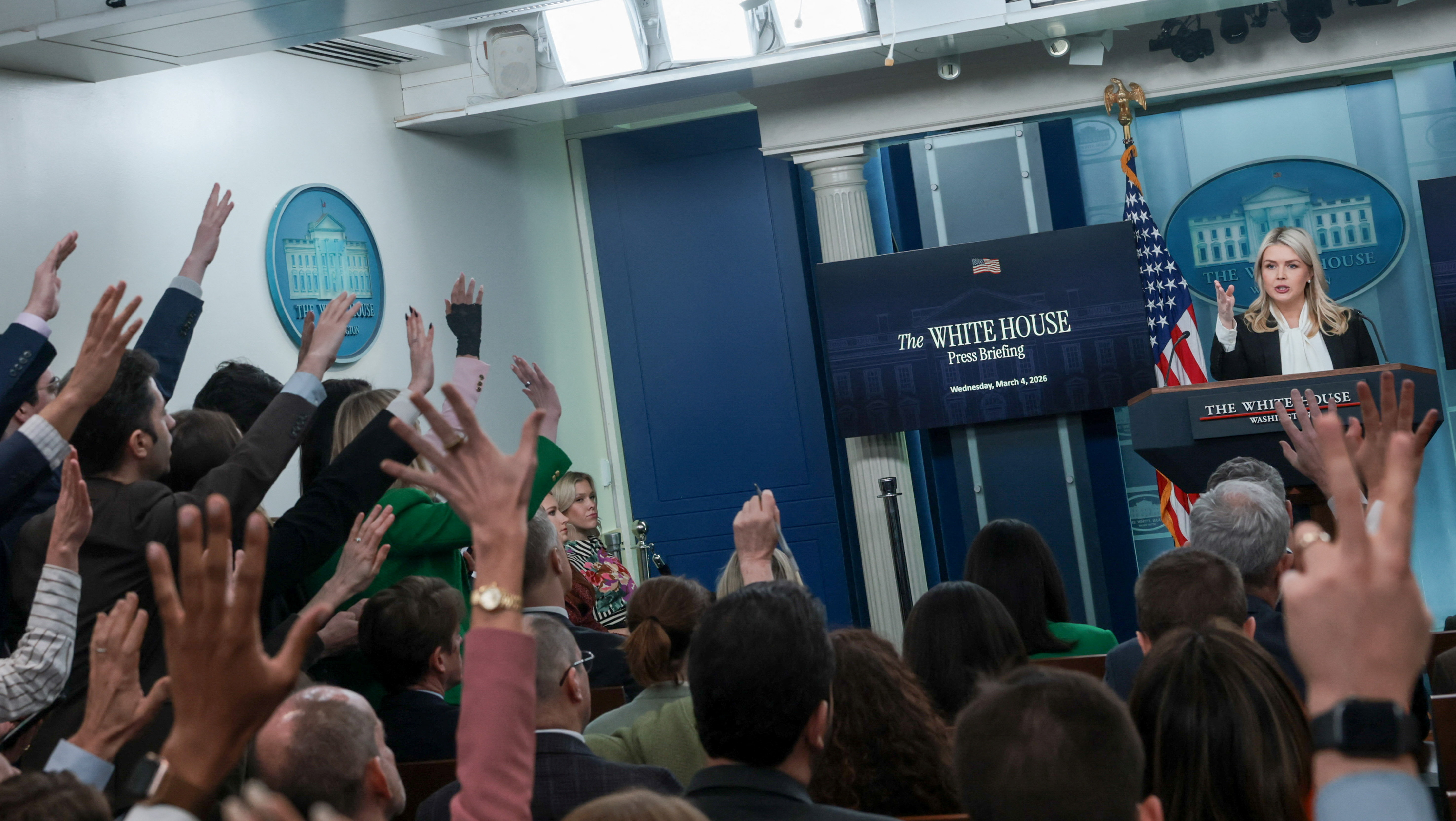 White House Press Secretary Karoline Leavitt holds a press briefing at the White House in Washington