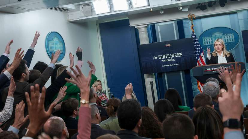 White House Press Secretary Karoline Leavitt holds a press briefing at the White House in Washington