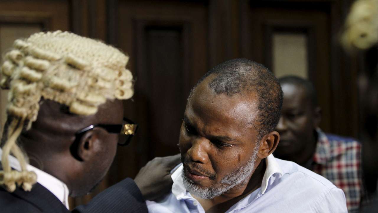 FILE PHOTO: Indigenous People of Biafra (IPOB) leader Nnamdi Kanu seen with his counsel at the Federal high court Abuja, Nigeria