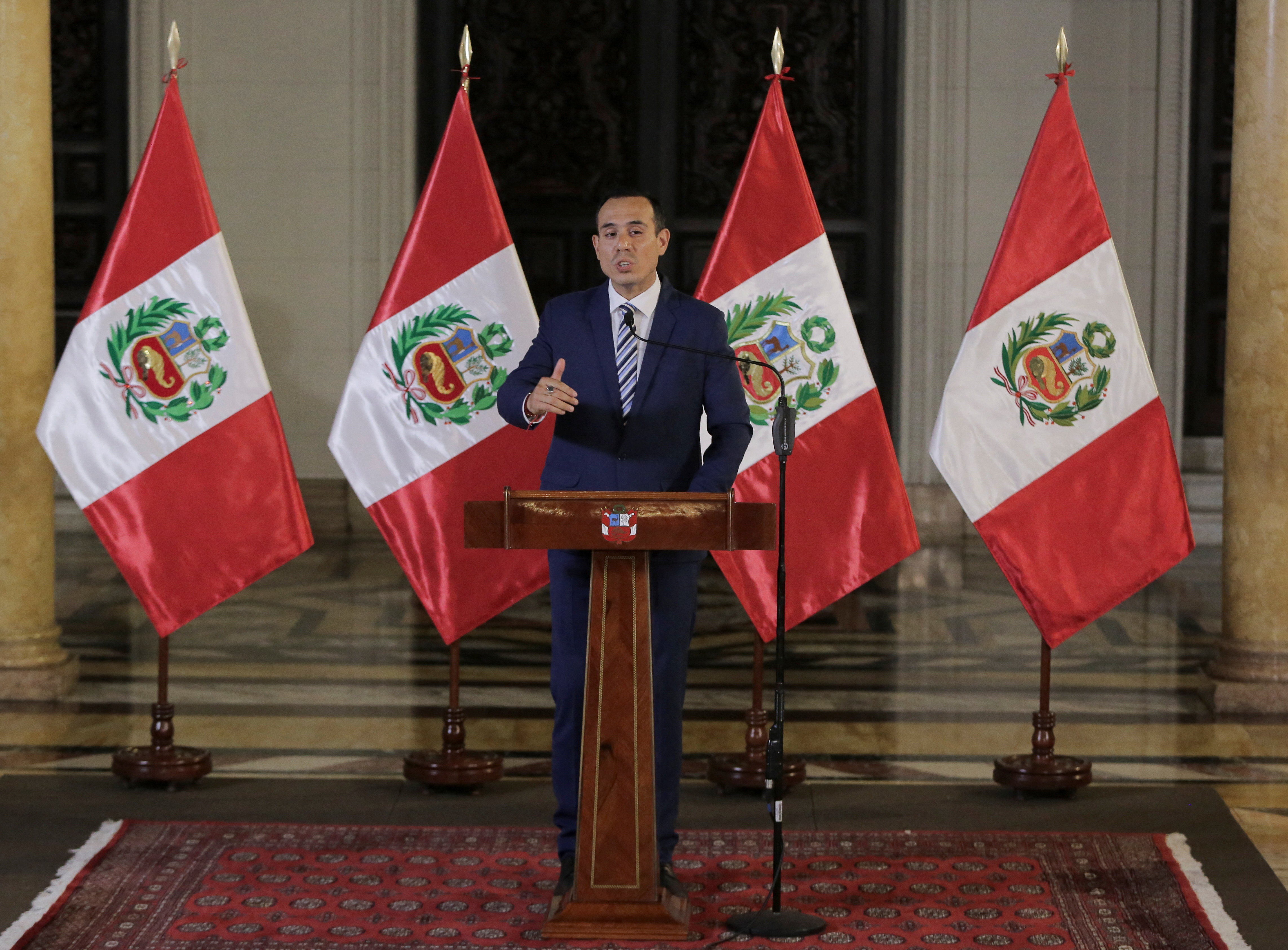 Peru's President holds a press conference after facing congressional oversight committee amid scandal over undisclosed meetings, in Lima