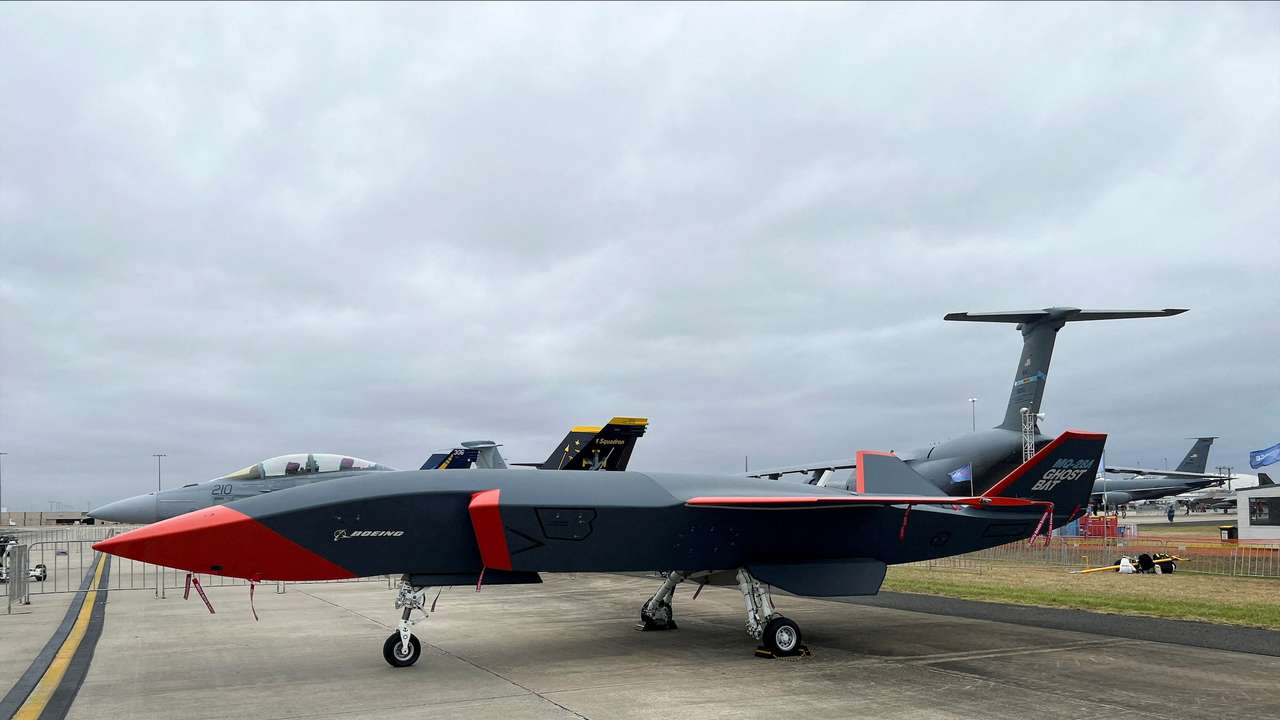 FILE PHOTO: A Boeing MQ-28 Ghost Bat fighter-like drone is kept on display at the Australian International Airshow in Avalon